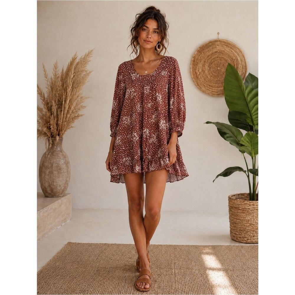 Knox Rose Boho Chic Brown Speckled Mini Dress